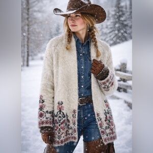 Knox Rode Fuzzy Furry Open Front Southwest Boho Cardigan Coat Women’s Size XL